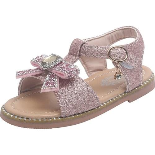 Girls Glitter Sandals Princess Children Beach Shoes 2021 Summer Bow-knot Rhinestone Fashion Kids Sandals Crystal Shoes 21-36 Hot