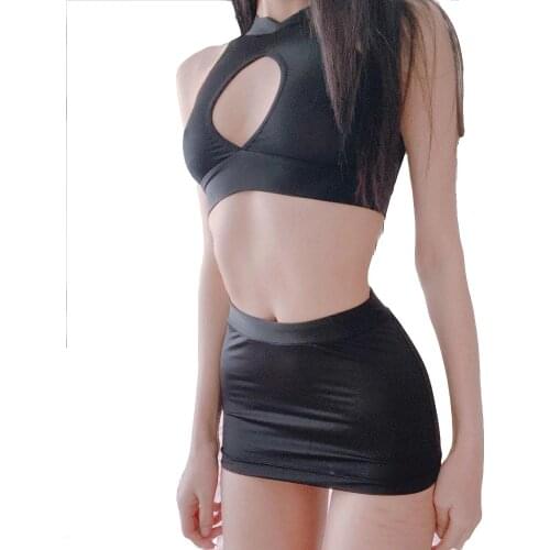 Sexy Women Stretchy Hollow Out Bust Crop Top and Micro Mini Skirt Bodycon Mini Dress Clubwear Belly Dance Wear