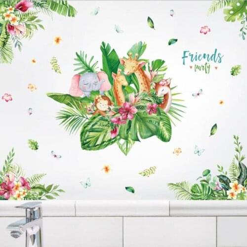 Nordic Green Plants Flower Stickers Cartoon Giraffe Elephant Wall Decals for Kids Room Nursery Decoration