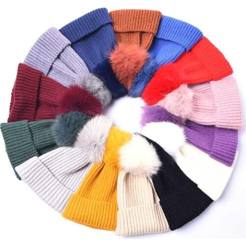 Winter Warm Kids Real Fox Fur Pompoms Beanies Knitted Hats Children Girls Boys Striped Hair Ball Warm Hats Winter Ski Caps