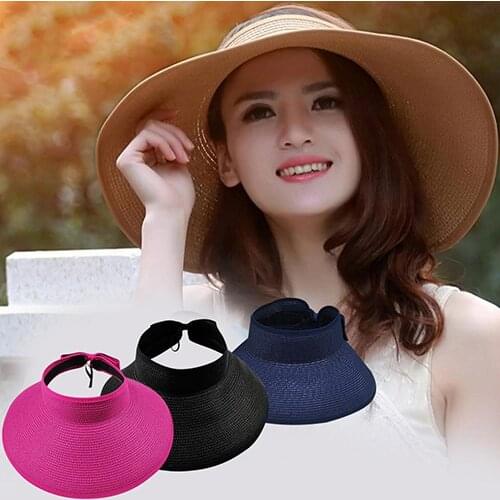 Lady Beach Sun Hat Visor Foldable Roll Up Solid Color Wide Brim Sun Protection Straw Summer Hat casquette femme кепка женская