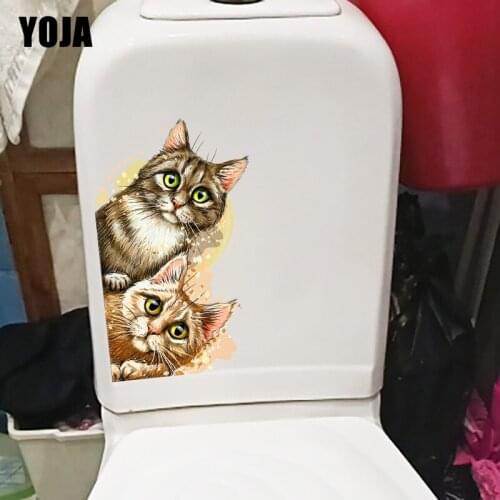 YOJA 15.4×24.5CM Cute Voyeur Cat Kids Room Wall Stickers Funny Cartoon Toilet WC Decoration T1-3017