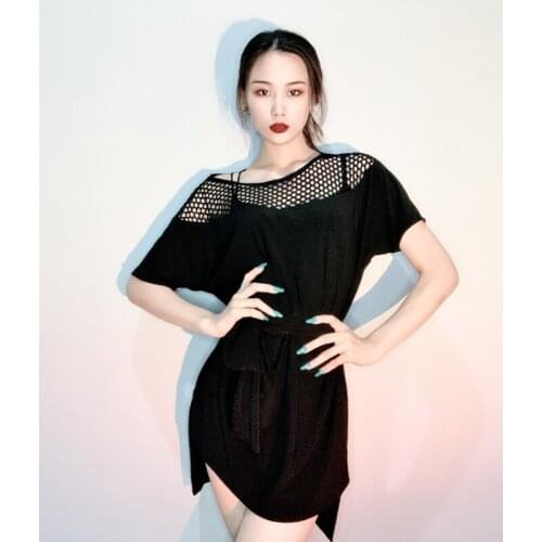 2021 Spring Summer Adult Latin Dance Skirt Sexy hollow Back short-sleeved Black Practice Latin Ballroom Rumba Dance Dress L312