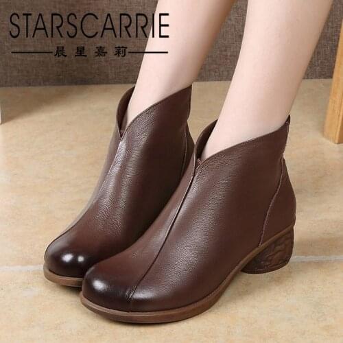 2021 spring new leather fashion boots top layer cowhide womens shoes comfortable retro soft leather mid-heel womens boots
