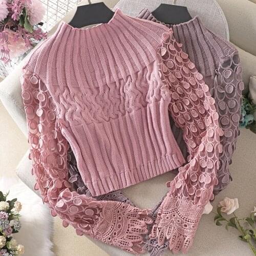 2021 Three-Dimensional Circle Bubble Sleeve Tight Skinny Short Sweater Women Stitching Round Neck Pullover Knitted Female Tops