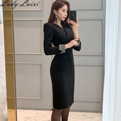 Elegant patchwork color office dress women long sleeve casual 2020 Autumn ladies dresses slim bodycon pencil dress for women