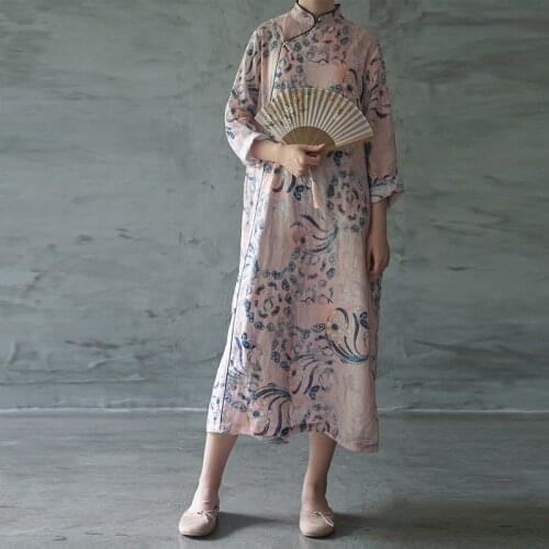 Johnature Vintage A-line Summer Dress Print Three Quarter Sleeve Button Stand Collar 2020 New Clothes Loose Pink Women Dress