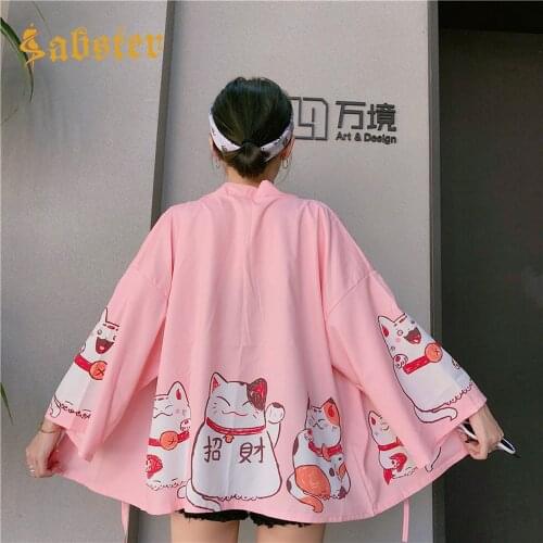 2019 Summer Women Japanese Kimono Women Loose Pink Black Shawl Cape Belt bohemian Coat Cat Print Coat XZ272