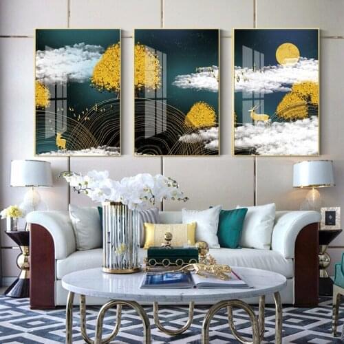 Abstract Line Annual Ring Golden Deer Cash Cow Cloud Night Landscape Canvas Printings Wall Art Pictures for Modern Home Decor