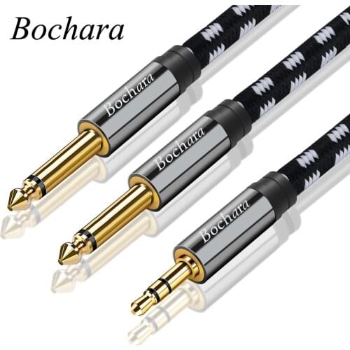 Bochara Braided Gold Plated 3.5mm Stereo to 2x6.5mm OFC Audio Cable Foil+Braided Shielded 1.5m