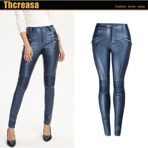 European and American Sexy Pu Pants Womens Plush Luster Pants Womens Autumn and Winter Amazon Pencil Pants Blue Leggings