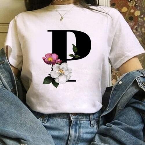 Flowerswomen T-shirt Harajuku Casual White Tops Tees Women Summer Casual Female T-Shirt T shirt 26 Alphabet Letter