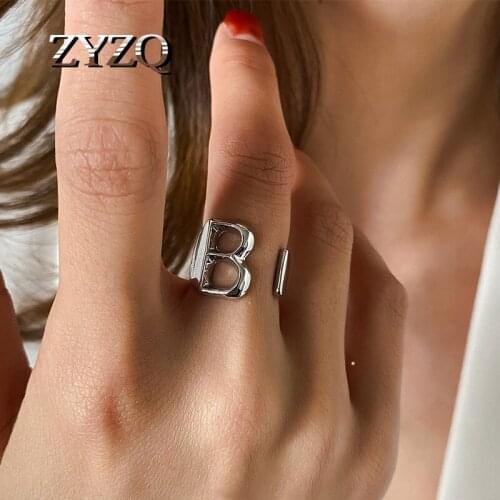 ZYZQ Hip Hop Simple Metal Letter B Ring Personality Couple Model Opening Adjustable Ring Fashion Cocktail Party Accessories