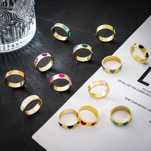 Korean Fashion Multicolor Drip Oil Love Heart Rings for Women Girls Gold Metal Finger Circle Rings Female Statement Jewelry