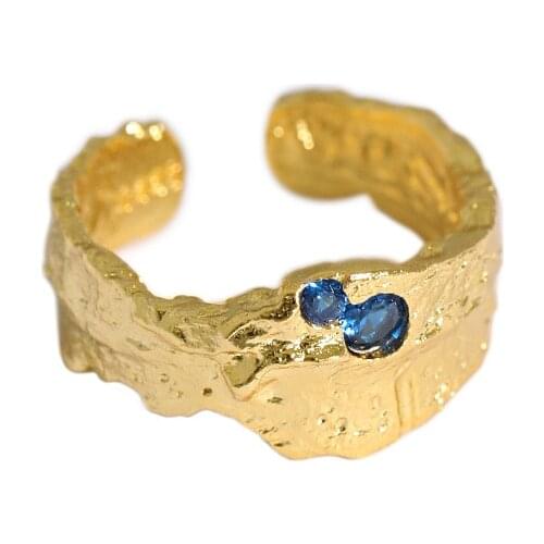 Fashion Solid 925 Sterling Silver Irregular Texture Zircon Ring Paved Blue Zircon Stone Ring for Women Party Gold Plated