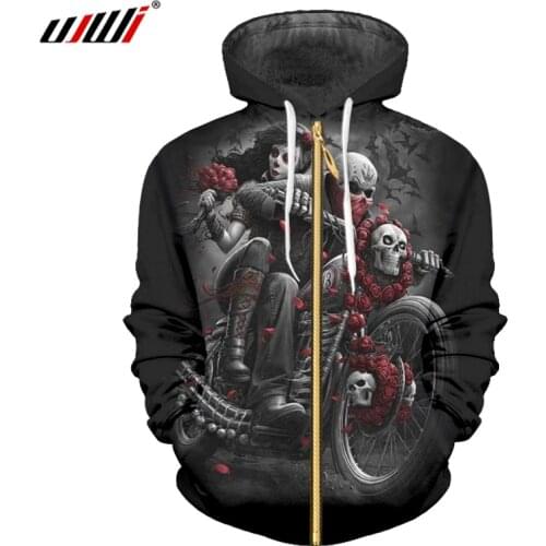 UJWI Zip Hoodies 2019 Mens New Rose motorcycle skull 3D Printed Zip Hoodie Sweatshirt Man Fit Slim Fitness Long Sleeve Hooded