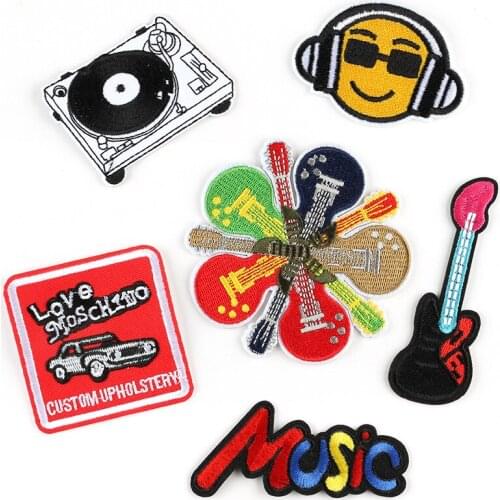 20pcs/lot Embroidery Patch Earphone Note Bag Guitar Car Stove Clothing Decoration Sewing Accessory Iron Heat Transfer Applique