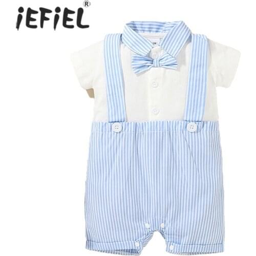 Infant Baby Boy Clothes First 1st Birthday Gentleman Cotton Short Sleeve Bowtie T Shirt Overalls Newborn Clothing For Summer