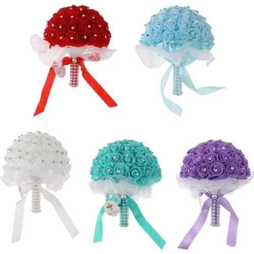 Wedding Bridal Bouquet Artificial Foam Rose Flower Crystals Hand Holding Flower for Valentine Confession Wedding Church