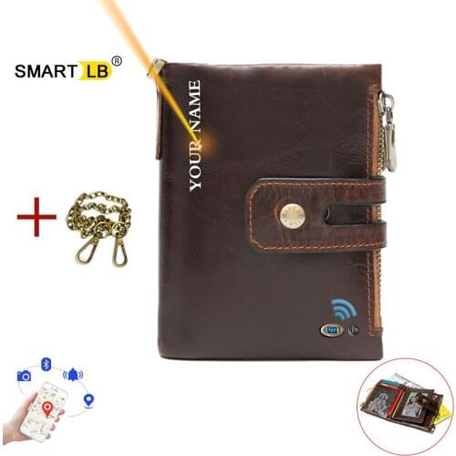 Free Engraving Smart wallet GPS Record Bluetooth Genuine Leather Men Wallets coin pocket chain zipper wallet card holder