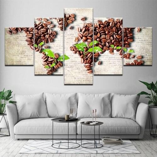 Vintage Home Decor Picture 5 Piece Wall Art World Map Painting New Art Coffee Bean Mosaic Global Map Canvas Print Frame Artwork