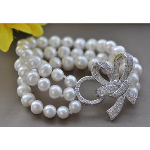 Z10716 3Row 8" 10mm White Round Freshwater Pearl Bracelet CZ