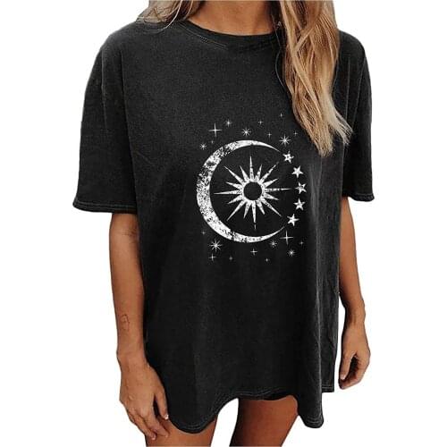 Womens T Shirt Tops Vintage Drop Sleeves Tees Printed Pattern Sun Moon Casual Short Sleeve Tee Shirt Oversize Femme Cute Punk