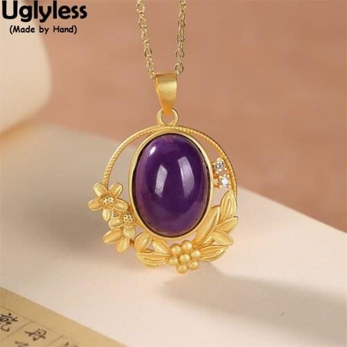 Uglyless Natural Purple Gemstones MICA Pendants Necklaces No Chains Gold Flowers Garland Necklaces for Women 925 Silver Jewelry