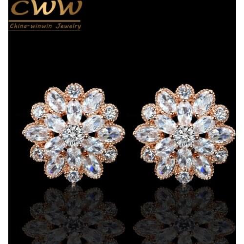 CWWZircons Trendy Delicate Cubic Zirconia Earing Jewelry Top Quality Big Rose Gold Color Stud Earring For Women CZ079