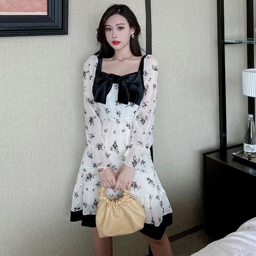 Print Woman Dress Bow Chiffon Autumn Vintage Style Sweet Ladies White Short Dresses Elegant Fashion Female Clothing 2021 New