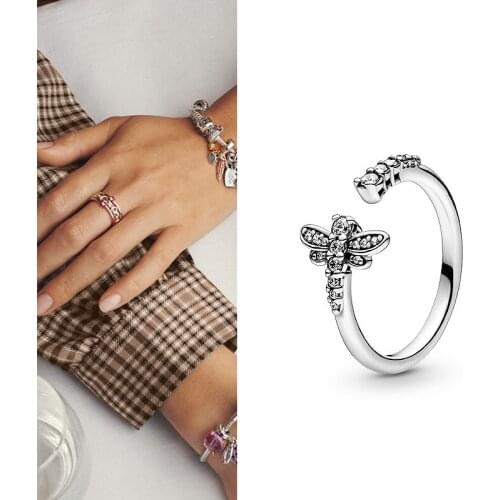 100% 925 кольцо Silver Pan Ring Sparkling Dragonfly Pan Ring For Women Wedding Party Gift Fashion Jewelry