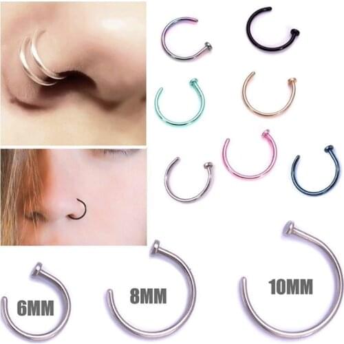 2Pcs Hot Fake Clip On 6/10 mm Surgical Steel Open Nose Ring Thin Small Hoop Nose Piercing Studs Ring For Women Girls
