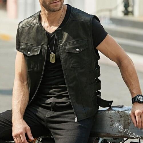 2021 Mans Fashion Pu Leather Jacket Sleeveless Thin Pocket Zipper Casual Waistcoat O-Neck Male Coats Plus Size 5XL