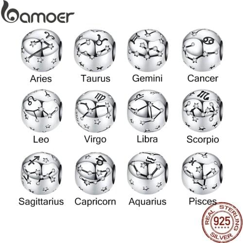 BAMOER 12 Constellation Zodiac Round Metal Beads for Women Bracelet Shining CZ Charm fit Original Silver 925 Bangle SCC1218