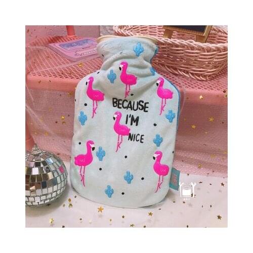 Free shipping grey blue flamingos pattern hot water bag cute cartoon printed plush water filling portable mini hot water bag