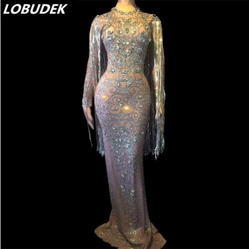 Sparkly Silver Fringes Crystal Dress Singer Performance Tassels Dresses Party Celebrate Glisten Rhinestones Costume Long Dress