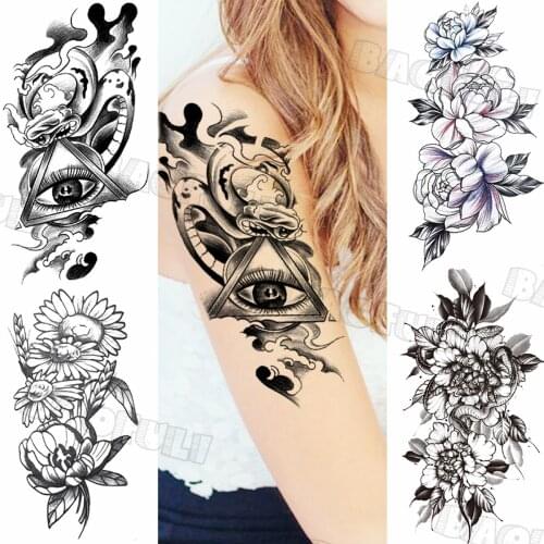 Black Geometric Tribal Eyes Temporary Tattoos For Women Adult Rose Snake Sunflower Fake Tattoo Sticker Body Art Drawing Tatoos