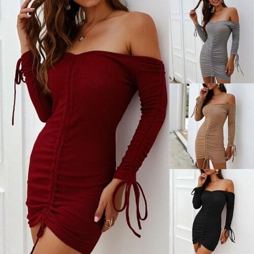 DHL 50pcs Women Sexy Off Shoulder Long Sleeve Slim Elastic Bodycon Party Dresses
