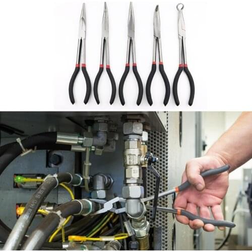 5Pcs 11" Long Reach Plier Set Straight 90° 45° 20° Bent Double-X Hose Grip Pliers Set Ring Nose Pliers Kit Hand Tools