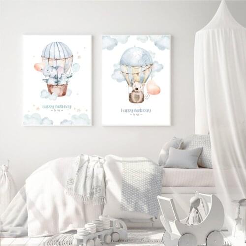 Watercolor Happy Birthady Wall Art Cartoon Aniaml Canvas Print Hotair Balloon Bear Elephant Crocodile Poster for Baby Room Decor