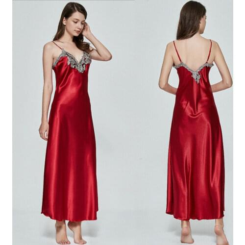 Omen Oversize Satin V-Neck Long Nightdress Silk Lace Sexy Lingerie Nightgown Sleepwear Sleepshirts Robe Dress Babydoll