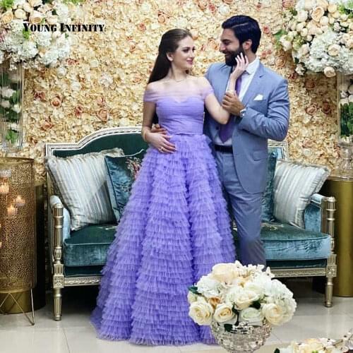 New Arrival Blue Evening Dress 2020 Long Prom Party Gowns A Line Full Ruffle Boat Nexk Off Shoulder Saudi Arbia Custom Made