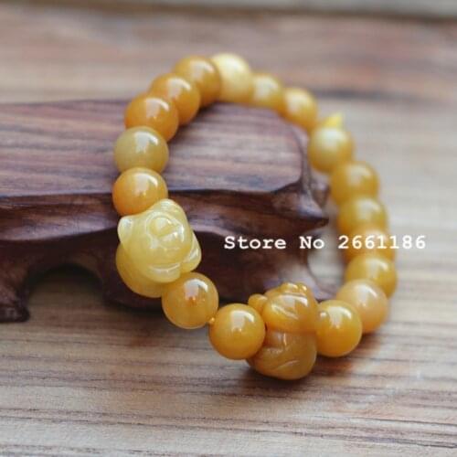 2017 wholesale Natural Yellow Quartzite Stone Pig Bracelet Round Beads Bangles Gift for Women Nephrite Jades Jewelry