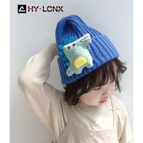 Autumn Winter New Child Cotton Warm Cartoon Dinosaur Decoration Knitted Hat Boy Girl Outdoor Sports Solid Color Sun Hat