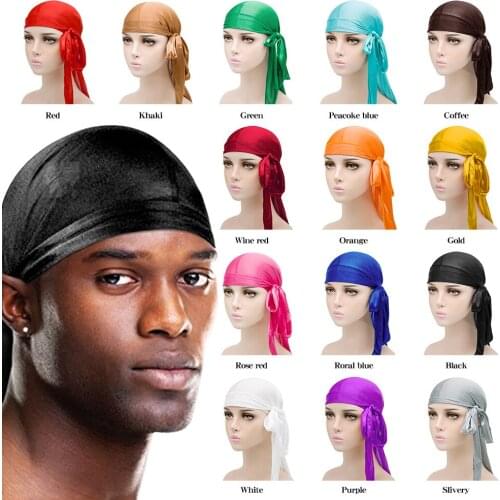 2021 Men Women Silky Satin Turban Bandanas Hair Bands Hat Bandage Strap Wrap Hip-Hop Cap Headwear Long Tail Hat Hair Accessories