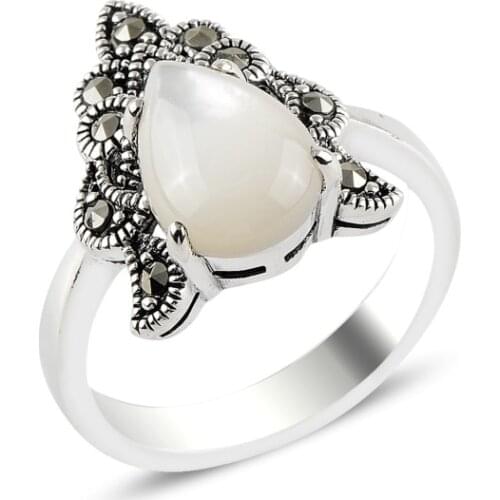Silver 925 Sterling Pearl & Marcasite Ring