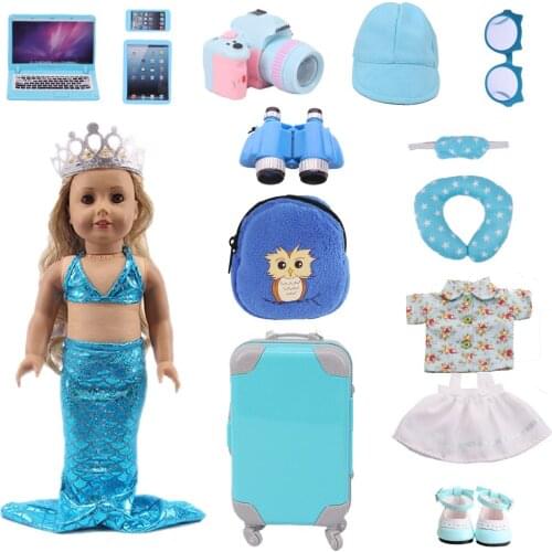 Doll Clothes Mermaid Suitcase 13 Pics/Set Fit 18Inch American Doll &43cm New Born Baby Doll Shoes Camera Umbrella Kids DIY TOY