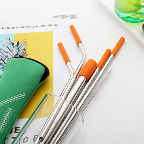 Household Stainless Steel Straw Bar Drink Tool Set 18/8 Food Grade Straw Portable Reusable Silicone Head Straw Accessories