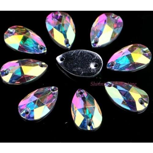 Teardrop Shape Three Size Crystal AB / Transparent AB Color Sew On Resin Rhinestones With Two Holes Flatback Stones