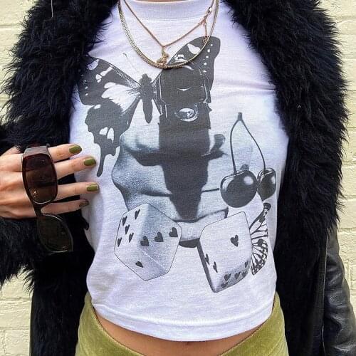 Gothic Butterfly Print T-Shirts Women Punk Short Sleeve Graphic Crop Tops Streetwear Summer Hip Hop Basic White Tee
